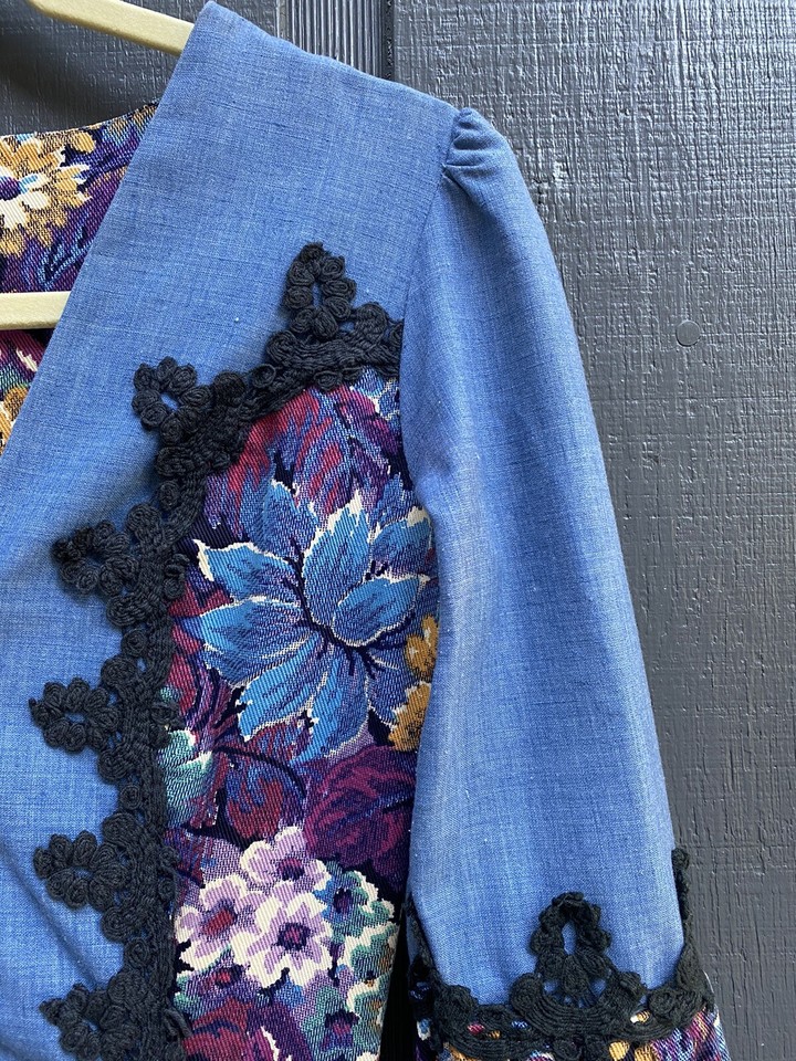 Vintage 1969 Gunne Sax Dress • Black Label • Blue Floral Tapestry