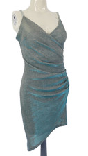Metallic Party Dress Shiny Silver Blue Wrap Ruched Evening Made in Italy Size S