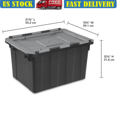 12 Gallon Heavy Duty Industrial Tote W/ Hinged Lid Stackable Storage Container