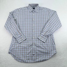 David Donahue Shirt Mens 16.5 34/35 Blue Brown White Plaid Button Up Long Sleeve
