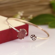 Strawberry Quartz Oval Shape Gemstone 925 Silver Cuff Bangle Adjustable Jewelry