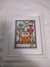 Owl trio Dimensions Cross Stitch Picture mated/framed 11 7/8" X 9 3/4"