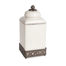 15-Inch Tall Cream Ceramic Canister with Acanthus Leaf Adorned Metal Base
