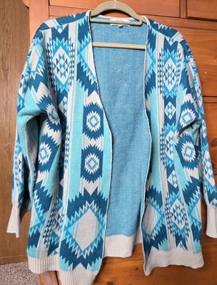 Crazy Train Cardigan Sweater Size Large Blue Southwestern Aztec Western Cowgirl