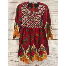 Vintage Afghan Kuchi Dress Red Floral Coin Embellished Ethnic Tribal Boho Mini