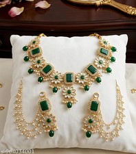 Indian Gold FN Green Kundan Pearl Necklace Jhumkaa Ethnic Fashion Jewelry Set