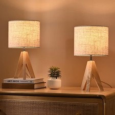 Bedside Lamps Set of 2, Wood Bedside Table Lamp, Tripod Desk Lamp with Beige