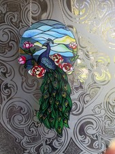 Stained Glass Peacock Bird Suncatcher 4 1/2 x 11 1/2"