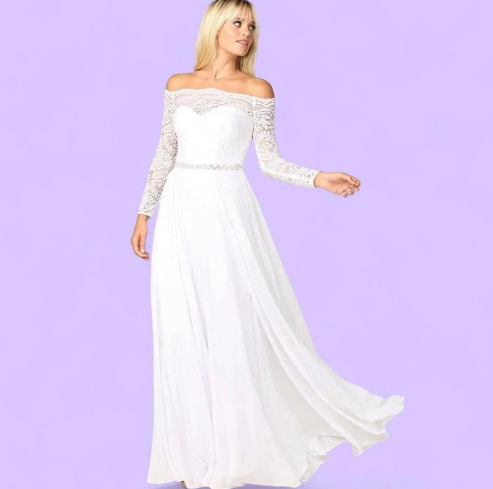 Vestido de noiva novo com etiquetas de renda e chiffon fora do ombro - Lindo! (Tamanho XL) - Imagem 2 de 4