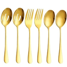 Golden Serving Spoons Set 6 PCS Stainless Steel Utensils for Kitchen Party