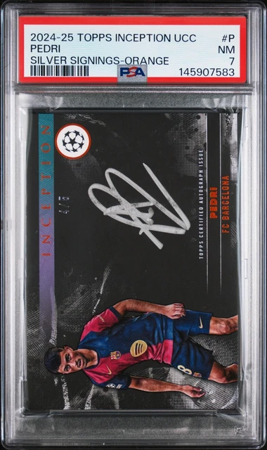 2024-25 TOPPS INCEPTION UCC PEDRI SILVER SIGNINGS ORANGE /5 ON CARD PSA