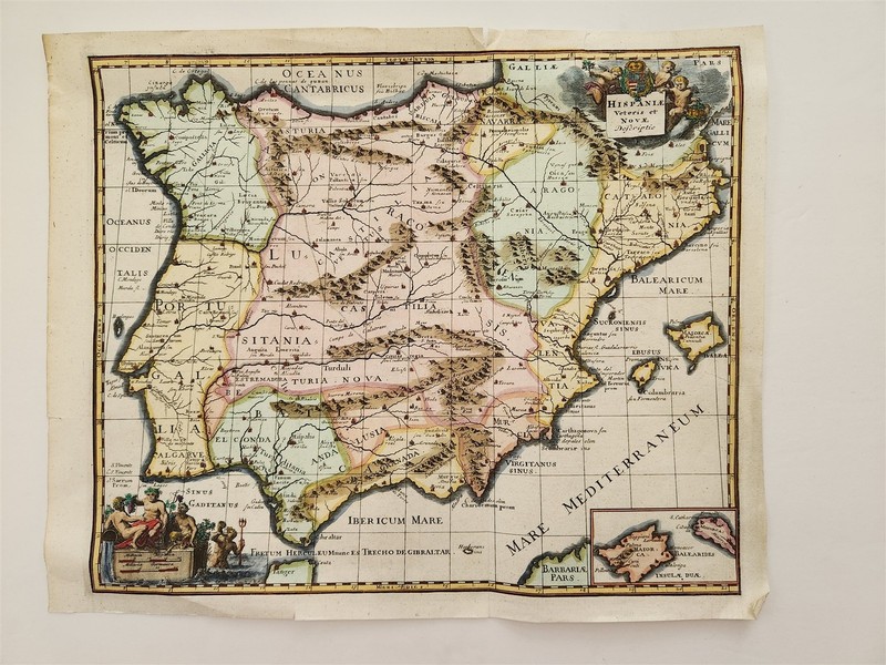 1700s antique MAP hand colored HISPANIAE VETERIS NOVA DESCRIPTIO SPAIN PORTUGAL