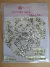 Woodware clear stamps "Cat hanging on branch" with greetings x 3