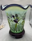 FENTON DESIGNER SHOWCASE Green Opalescent & Purple Iris Vase W/STAND SIGNED 8"H