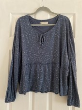 Lucky Brand Floral Tie V-Neck Long Sleeve Blouse XL Blue Rayon Knit