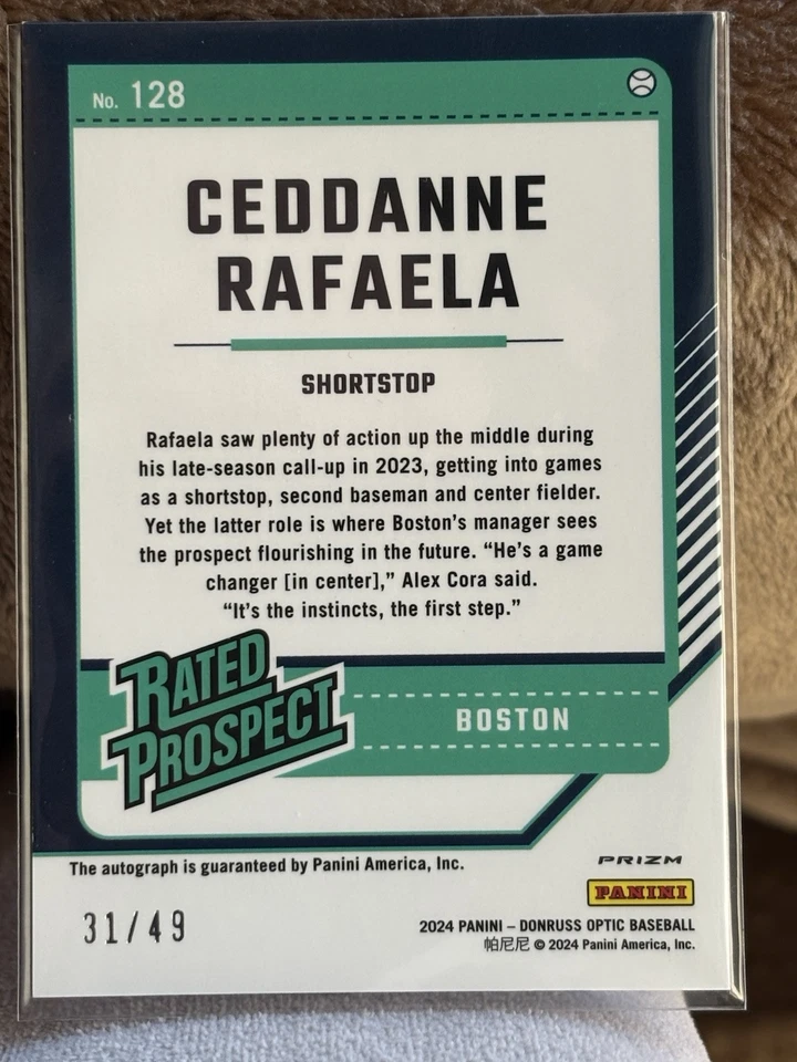 2024 Donruss Optic Ceddanne Rafaela Rated Prospect Auto Purple /49 RC Red Sox - Image 2 of 2
