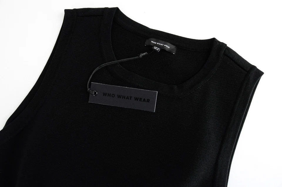 WHO WHAT WEAR Women Top XL Black Sleeveless Plain Cropped Round Neck Casual - Image 3 of 4