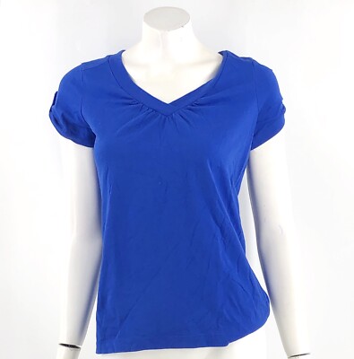 Fashion Bug Top Size Small Royal Blue V Neck Roll Tab Sleeve Shirt Solid Womens
