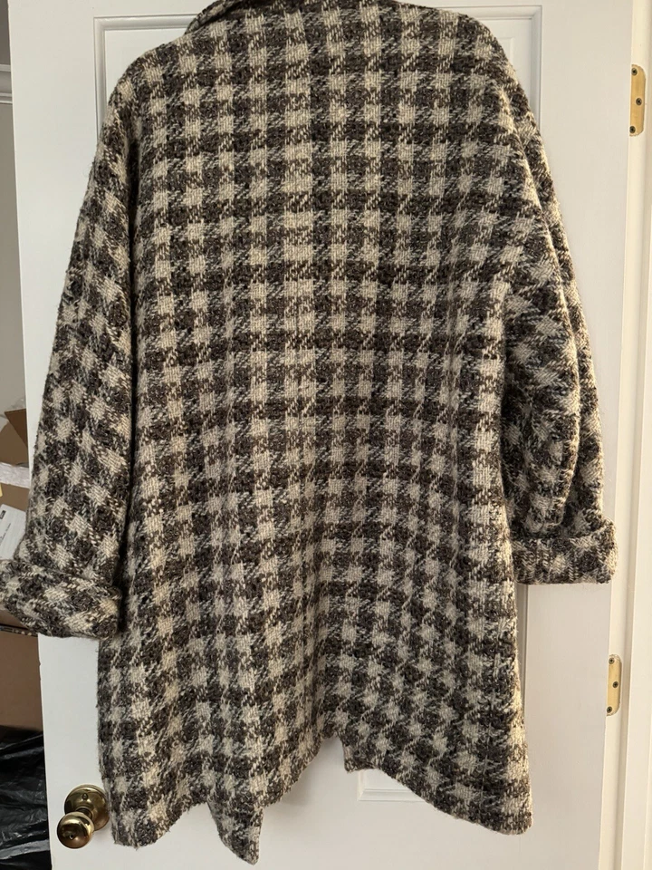 Abrigo de lana vintage fresco para mujer - crema, negro y topo envolvente Foto 2 de 4