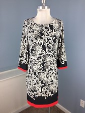 Eliza J S 4 Black White Shift dress Floral 3/4 sleeve Career Cocktail EUC
