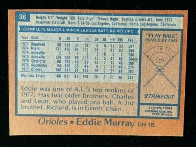 1978 Topps #36 Eddie Murray Rookie RC Orioles HOF Baseball Card | eBay