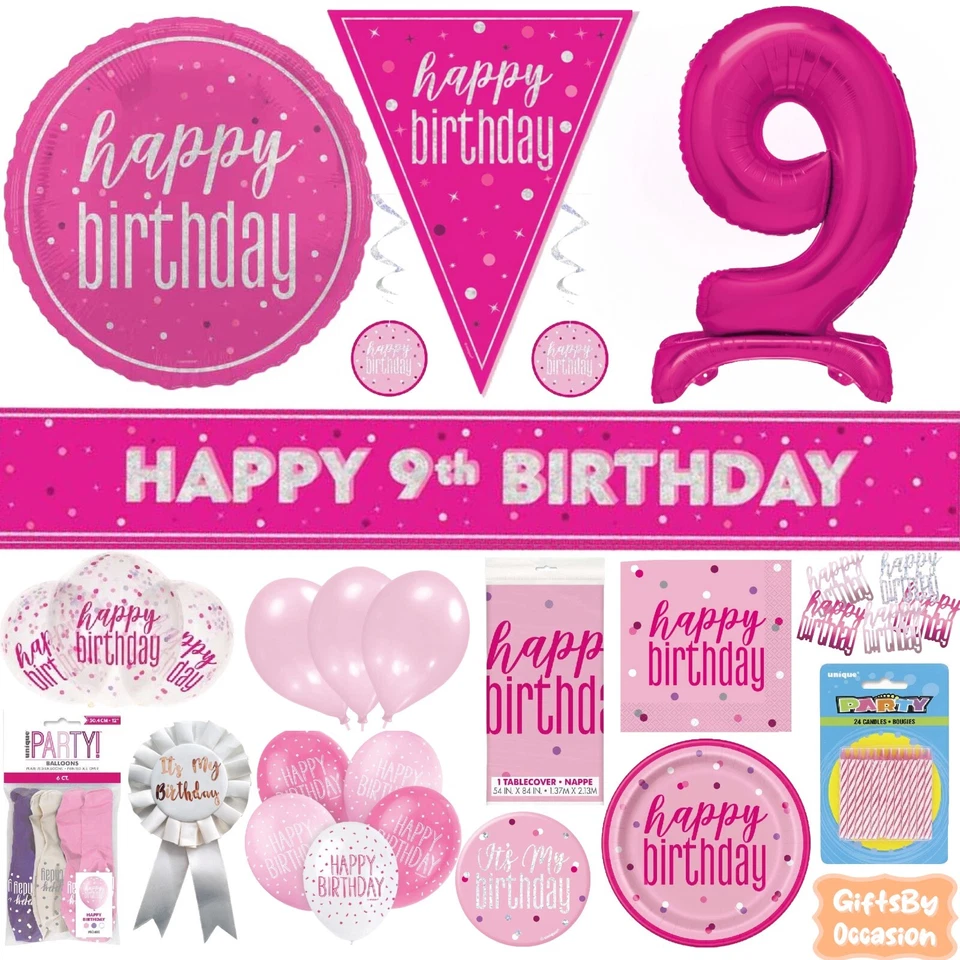 UNIQUE PARTY Pink 9th Birthday Decorations Happy Party Banner Bunting Balloons Candles Age 9
