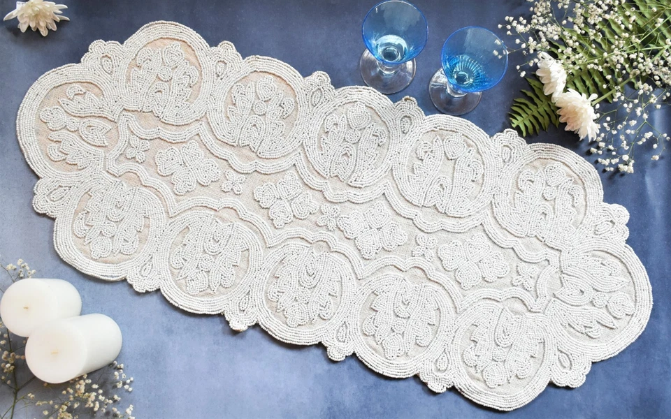 Christmas Beaded Table Runner Designer White Burlap Décor Centerpiece 35x13 In - Image 2 of 4