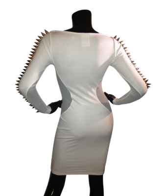 White Sheer Long Sleeve Gold Silver Spike Grommet Pencil Fitted Dress NWT  Medium | eBay