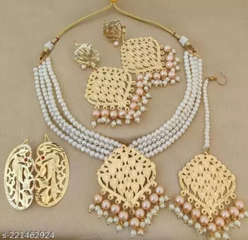 Joharibazar Indian Gold Plated Hari Pin Tika Kundan Choker Earring Jewelry Set d - Afbeelding 1 van 7