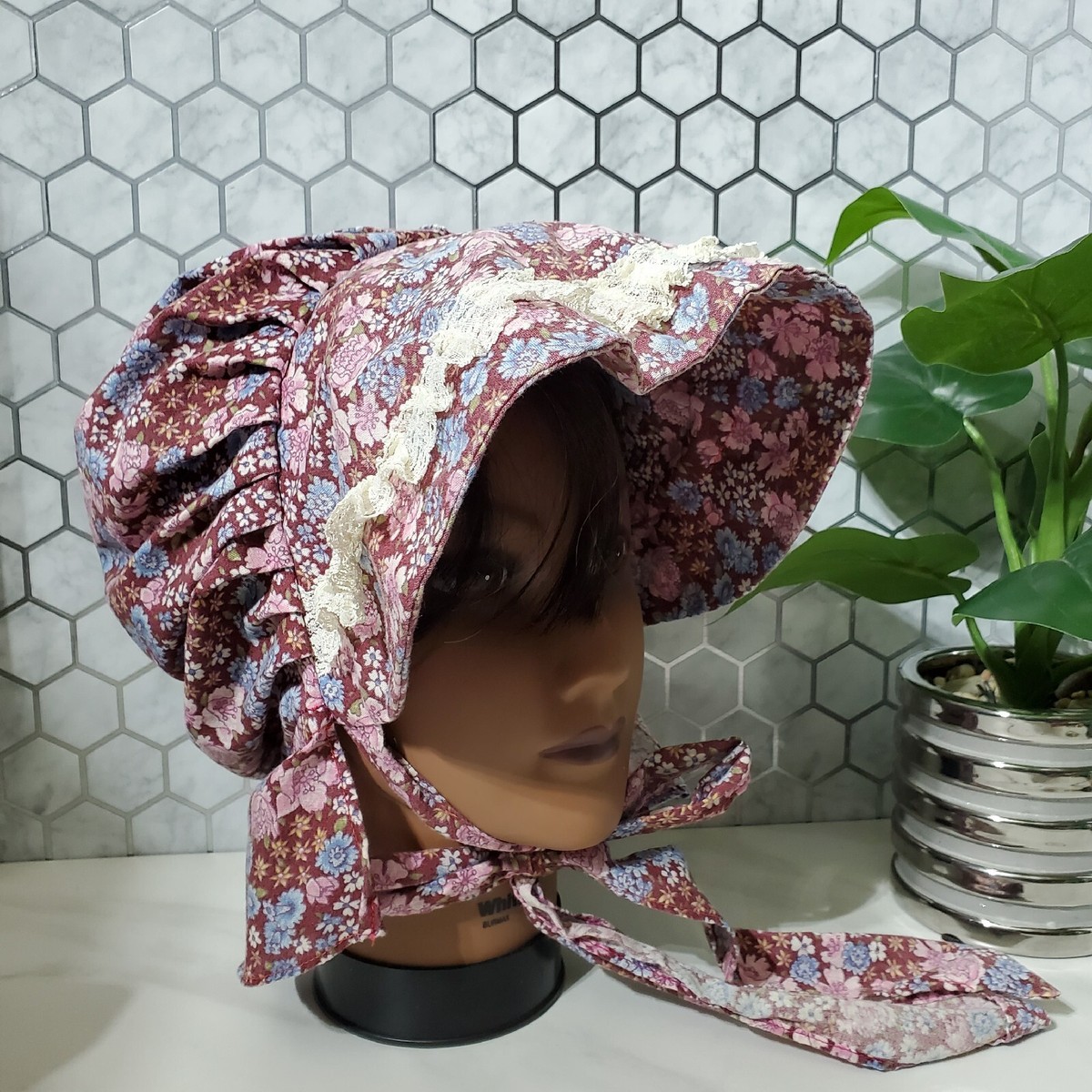 Vintage Maroon and Pink Floral Sun Pioneer Prairie Bonnet