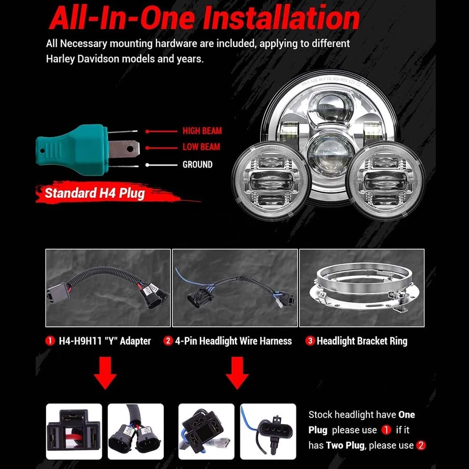 Faros LED cromados de 7" + luces de paso antiniebla de 4,5" para Harley Davidson Road King Foto 3 de 4