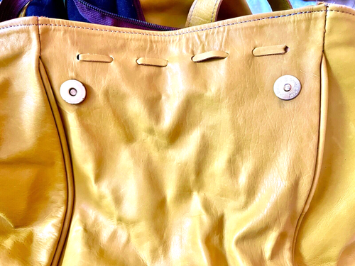 Handcrafted Moroccan Leather Tote Bag Beige /a Hint of Green 18 x 14 x 7 Inches - Picture 11 of 13