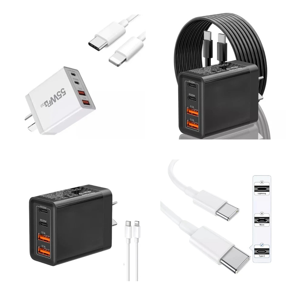 USB-C PD Type-C 55W 4 Port Fast Charging Power Adapter Wall Plug USB C Charger