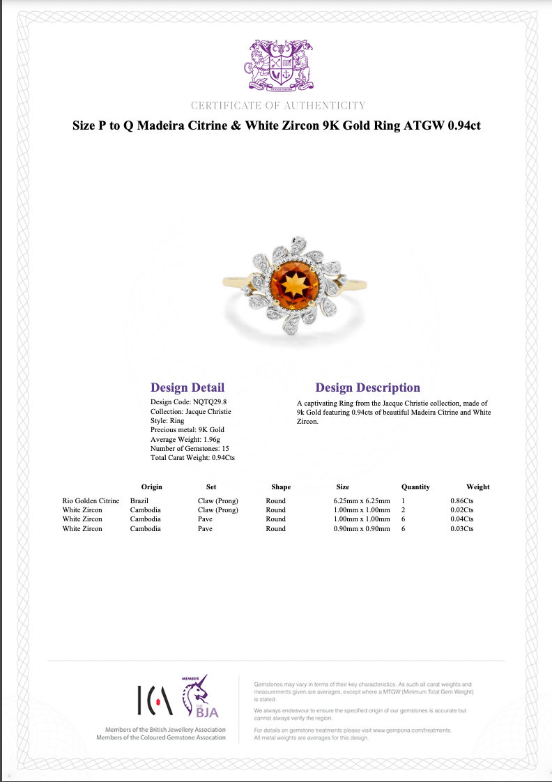 Natural Golden Citrine & Zircon Gemstone 9ct 375 Gold Ring, P -Q, 2.3g inc. Cert - Picture 8 of 8