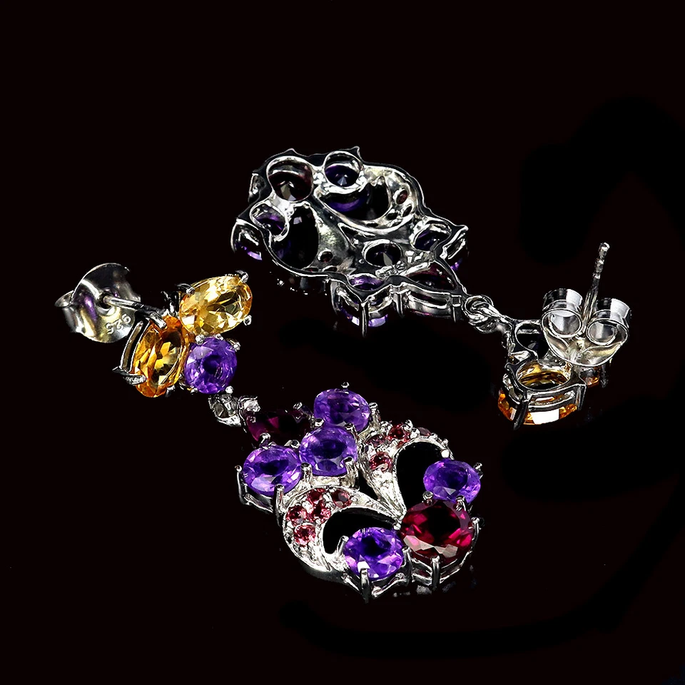 Estate 925 Orecchini Argento Ovale Citrino Ametista Granato Naturale Gemma Jewel - Immagine 3 di 4