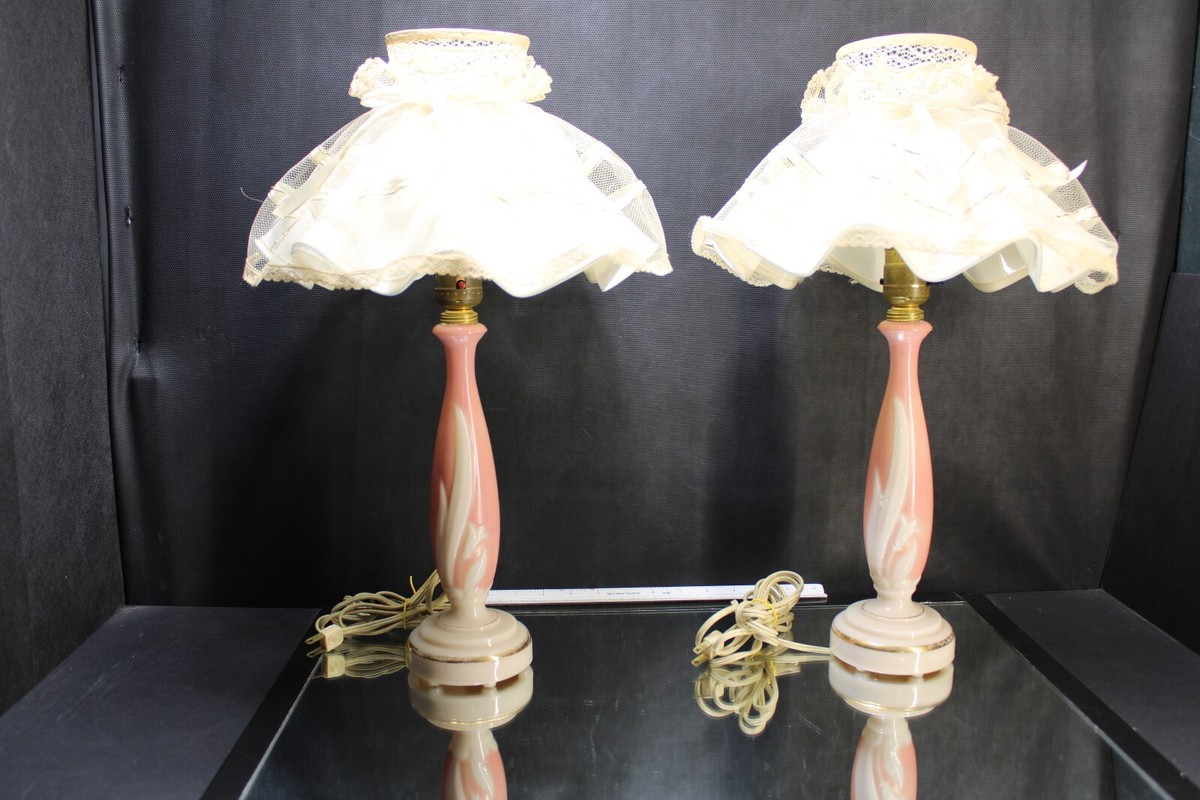 Vintage Pair ALADDIN Alacite Glass Lamps Pink Ivory Flower Pattern