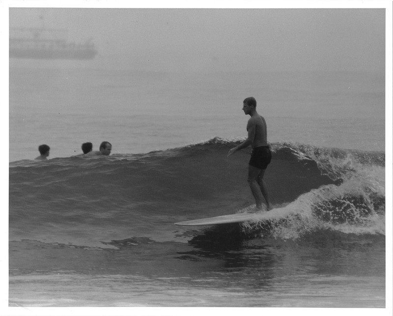 1962 Leroy Grannis surfing photo of Kemp Aaberg with Grannis notes & stamp