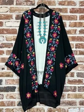 BOHO Black EMBROIDERED KIMONO CARDIGAN DUSTER One Size fits S- 2X