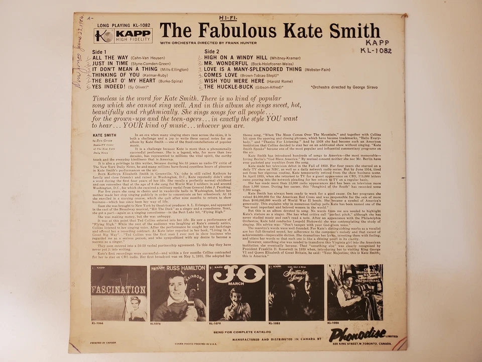 Kate Smith - The Fabulous Kate (Vinyl Record LP) - Image 2 of 2