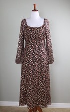 ANN TAYLOR LOFT $94 Metallic Gold Floral Smocked Square Neck Maxi Dress Size 14
