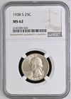 1938-S Washington Quarter 25C NGC MS62 Silver Key Date San Francisco Mint
