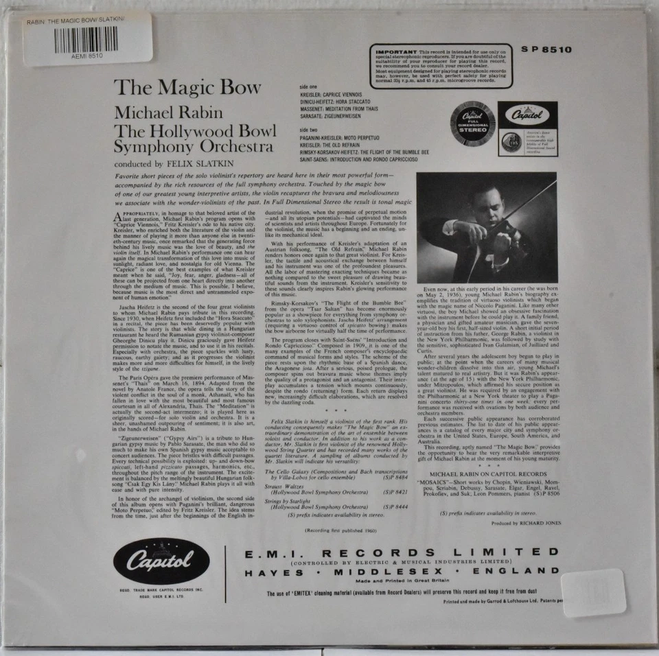 AUDIOPHILE TESTAMENT CAPITOL SP 8510 UK Michael RABIN "Magic Bow"SLATKIN SEALED - Image 2 of 2