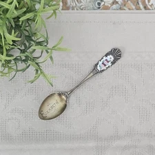 Antique Sterling Silver Souvenir Spoon Mechanics Enamel Flower Art Nouveau