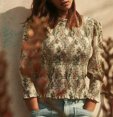 Veronica Beard Floral Cotton Mock Neck Puff Sleeve Smocked Kali Top Bohemian