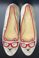 Charlotte Olympia Cat Sunkissed Kitty Embroidered Velvet Flats 38 8 8.5 EXC!