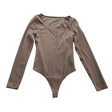 Abercrombie  Fitch Henley Hook  Eye Bodysuit Sz M Brown Long Sleeve Soft Rib
