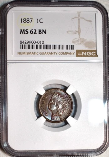 NGC MS-62 BN 1887 Indian Head Cent, Attractively Toned & Highly Lustrous.
