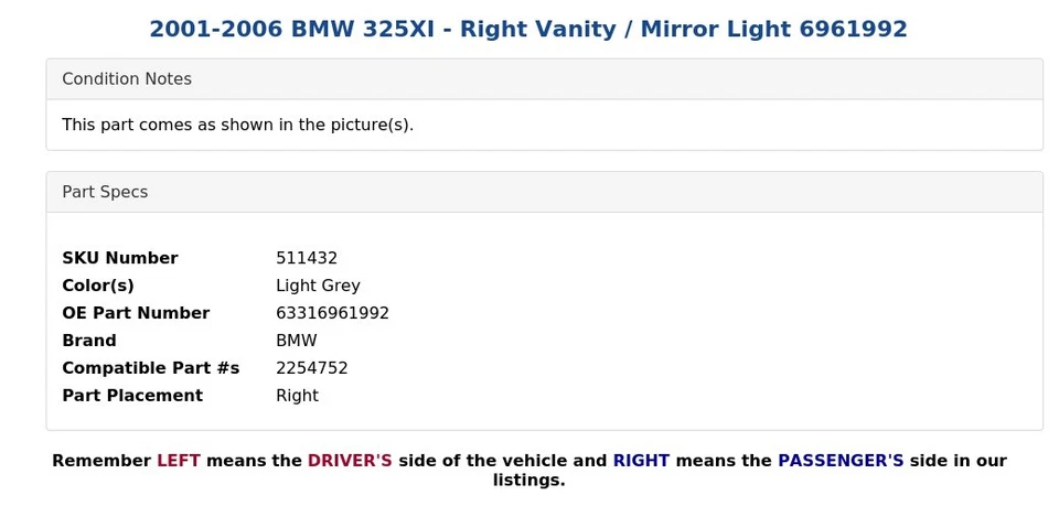 BMW 325XI 2001-2006 - luz de tocador/espejo derecho 6961992 Foto 4 de 4