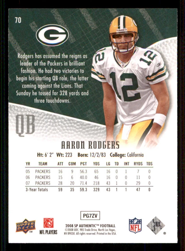 2008 SP Authentic #70 Aaron Rodgers - Image 2 of 2