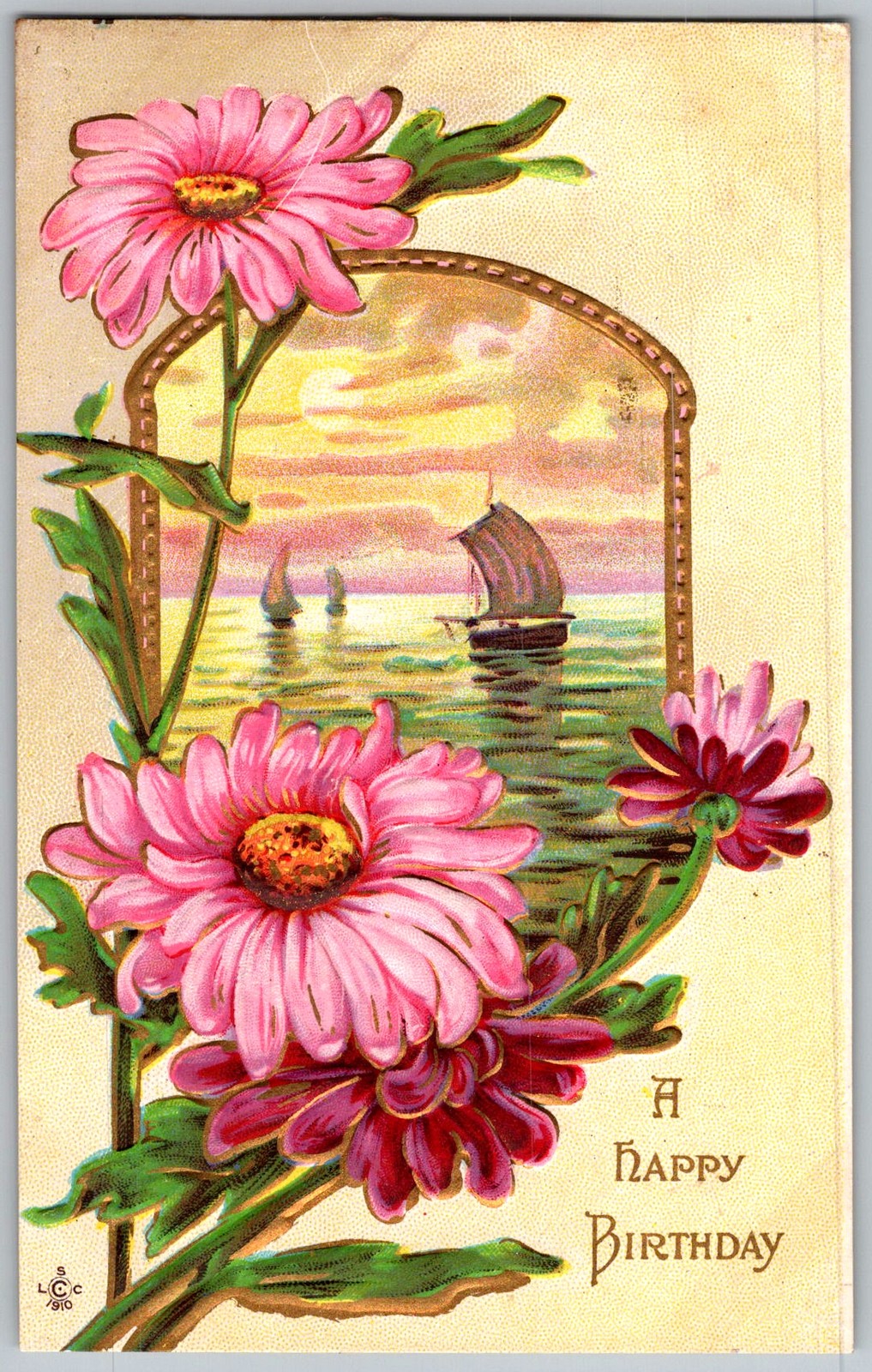 Antique Postcard Pink Daisies Sailboat Seascape 1910s